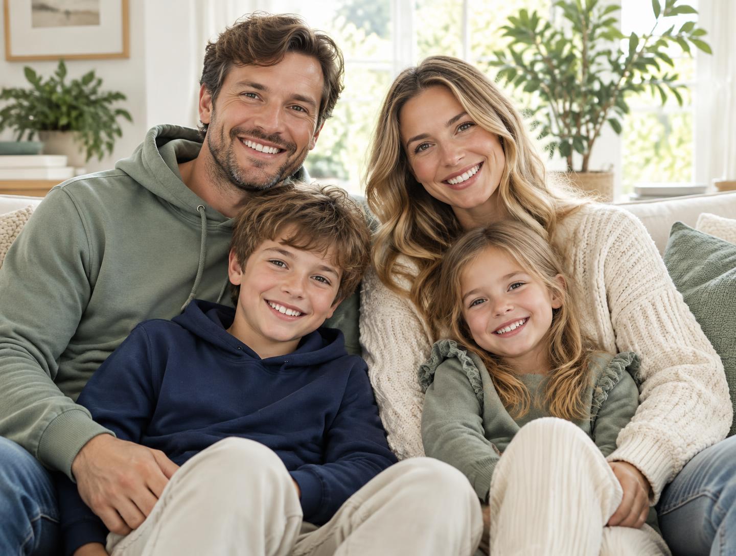 A family wearing Ah Ha! clothing — sage, cream and navy everyday essentials